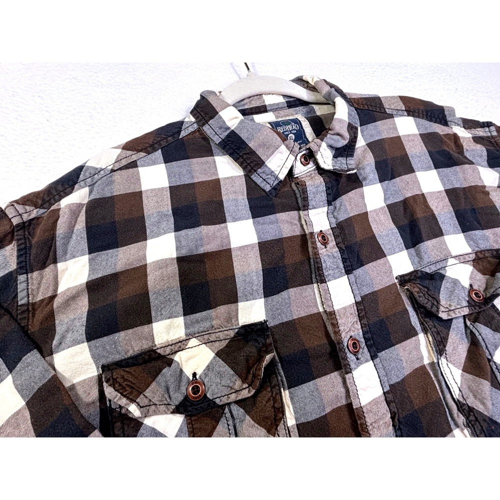 RedHead Mens XL Buffalo Plaid Button Down Shirt Brown Cream Grey Long Sleeve